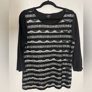 LOFT Size Large Black & White Striped Round Neck Top 3/4 Sleeve Lace Causal